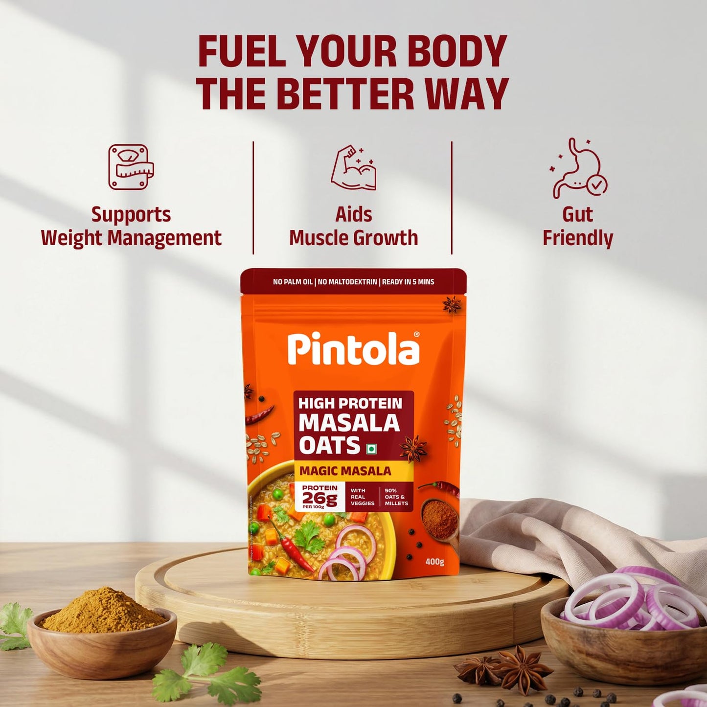 Pintola 26g High Protein Masala Oats, Magic Masala, Breakfast Cereal with High Fiber & Veggies, No Palm Oil, No Preservatives, 5 min Healthy Snack, Helps Manage Weight, Gym Endurance & Gut Friendly