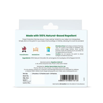 Mother Sparsh 100% All Natural Mosquito Repellent Patches for Babies with 12hr. Protection | With Citronella, Lemongrass & Eucalyptus Oil Protects from Dengue, Malaria, Chikunguniya (24 Patches)