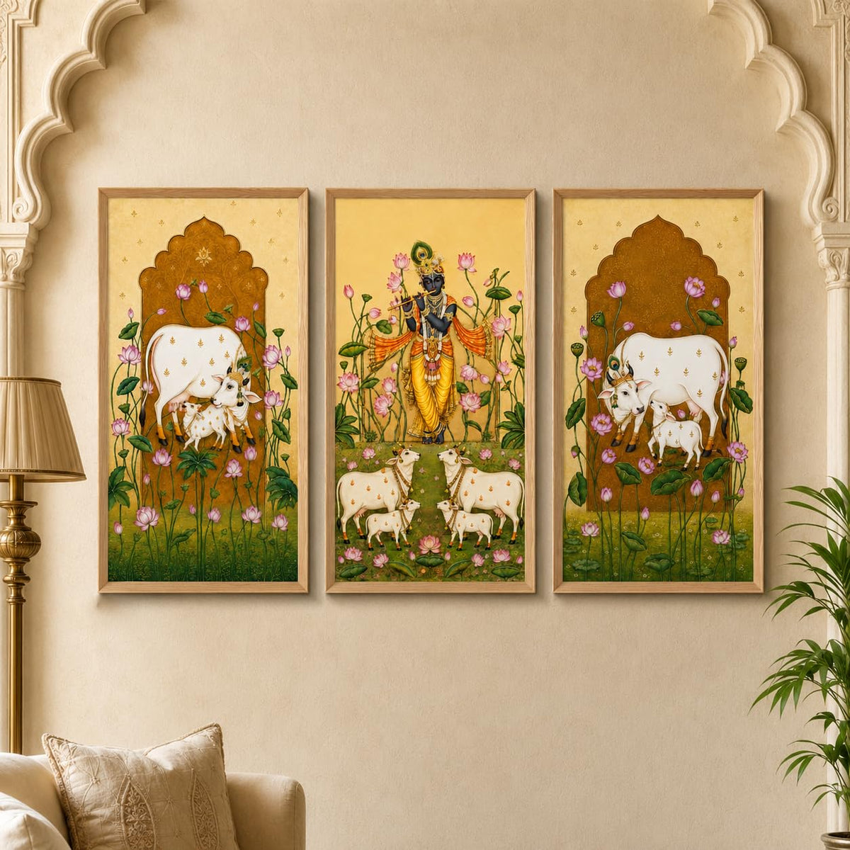 Set of 3 Krishna Cow Lotus Pichwai Wall Paintings with Sparkle Laminate, Premium Wooden Synthetic Frame, Religious Art for Living Room Pooja Temple Decor