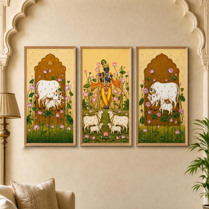 Set of 3 Krishna Cow Lotus Pichwai Wall Paintings with Sparkle Laminate, Premium Wooden Synthetic Frame, Religious Art for Living Room Pooja Temple Decor