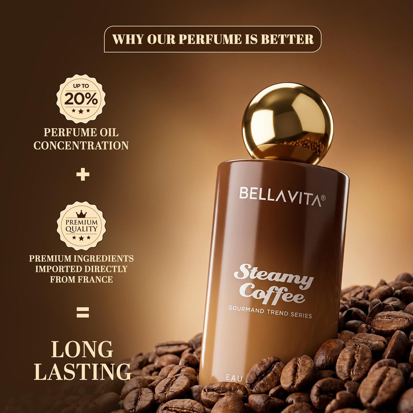 BELLAVITA Steamy Coffee | Long Lasting EDP | 100ml | Perfume for Man | Perfume for Woman | Smells Like a Fresh Brewed Coffee | Vanilla, Almond & Sandalwood | Premium Unisex Gourmand Fragrance