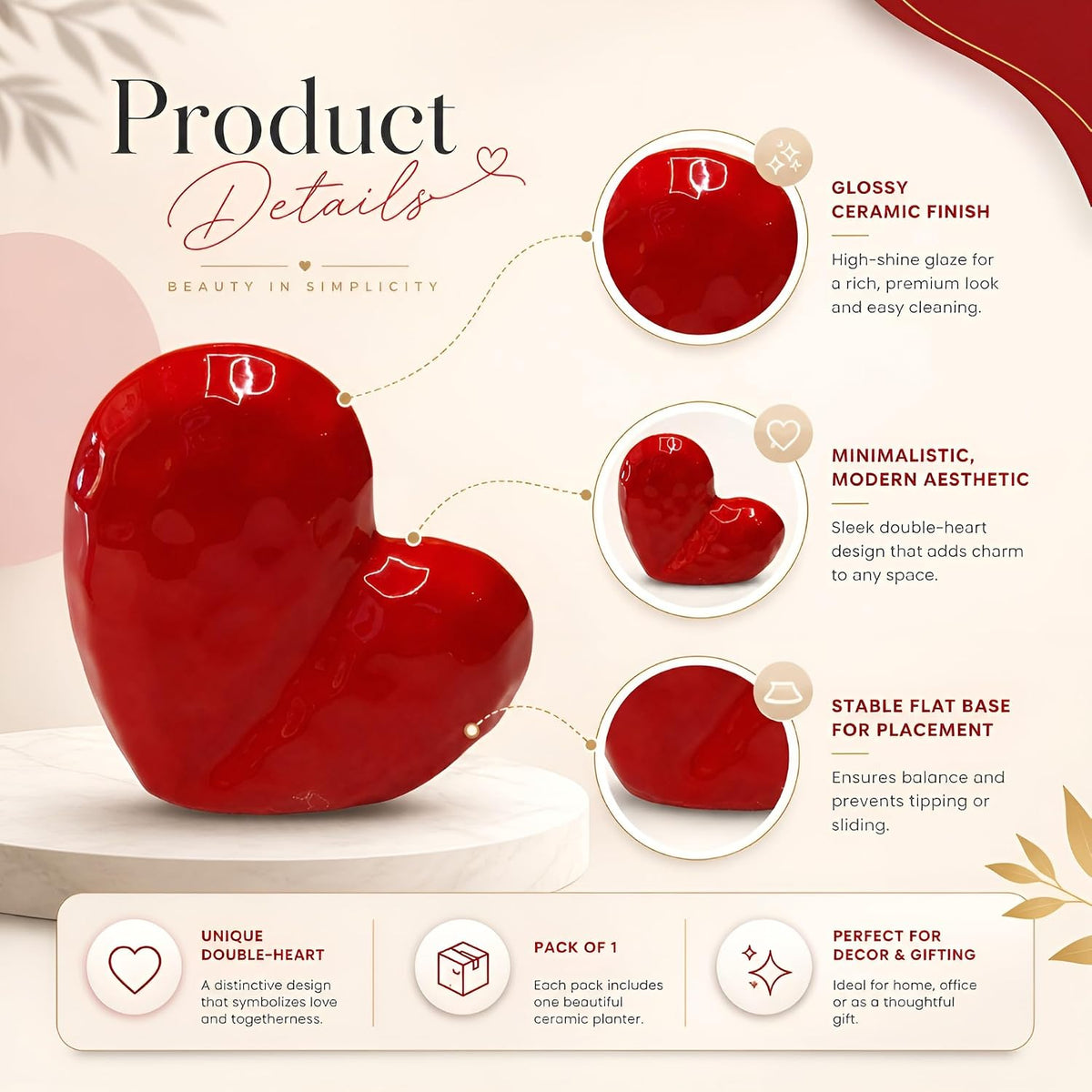 Xtore® Romantic Heart-Shaped Ceramic Showpiece for Home Décor | Artistic Tabletop Accent for Living Room, Bedroom & Gifting (Red, Pack of 1)