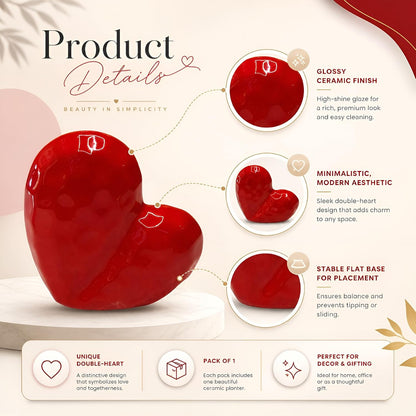 Xtore® Romantic Heart-Shaped Ceramic Showpiece for Home Décor | Artistic Tabletop Accent for Living Room, Bedroom & Gifting (Red, Pack of 1)