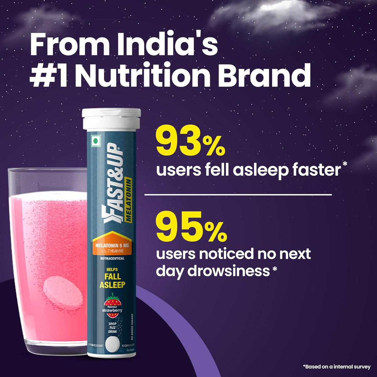 Fast&Up supplement with a glass of pink liquid on a dark background, labeled as India's #1 nutrition brand.