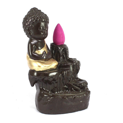 eCraftIndia Black Golden Meditating Monk Buddha Statue Smoke Backflow Incense Holder with Incense Cones Showpiece for Home Decor Living Room Office Gift for Diwali Housewarming Buddha Purnima Birthday