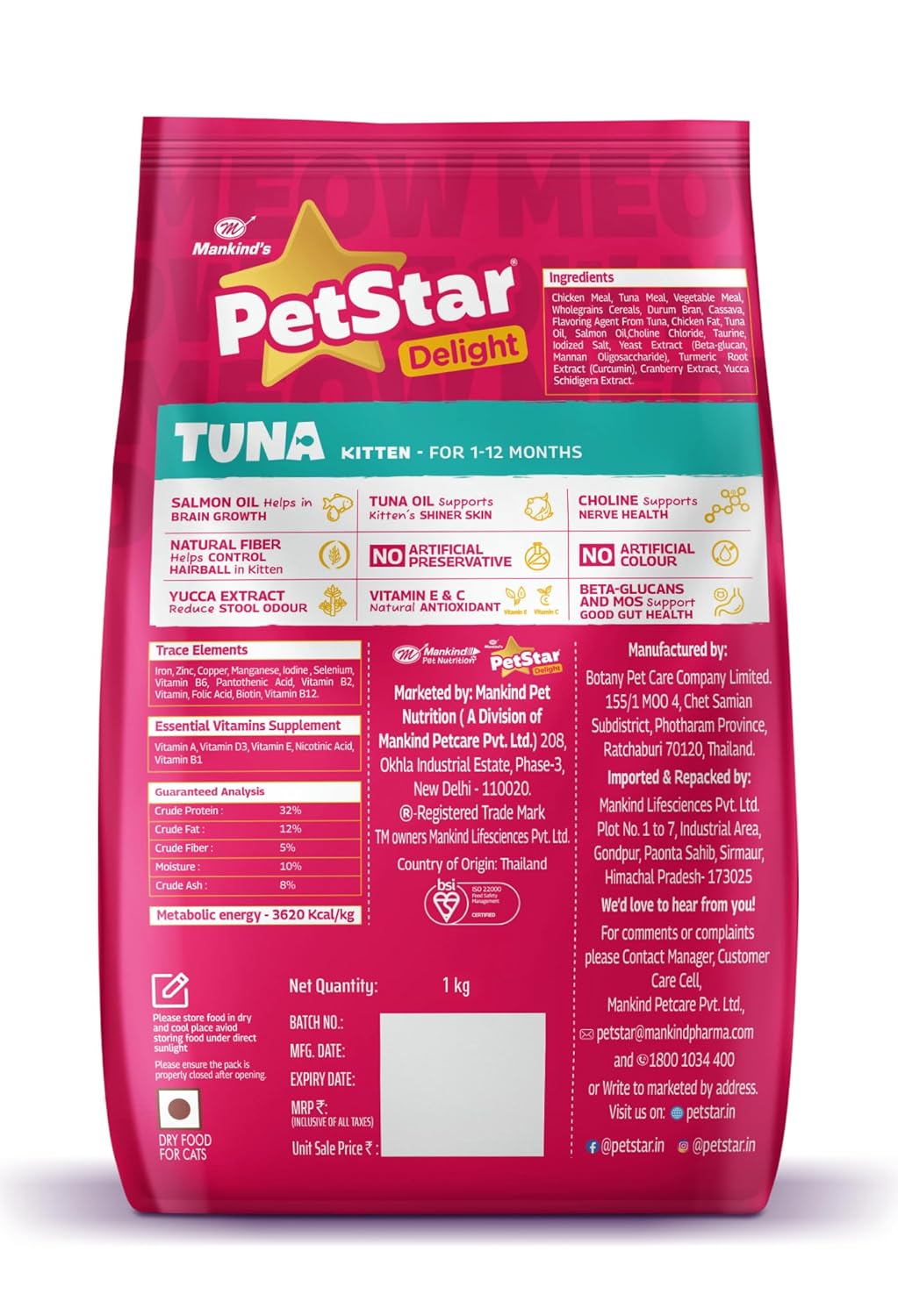 Mankind PetStar Kitten Cat Food – Tuna Flavour (1 Kg) | Complete & Balanced Nutrition for Healthy Growth, Digestive & Hairball Care