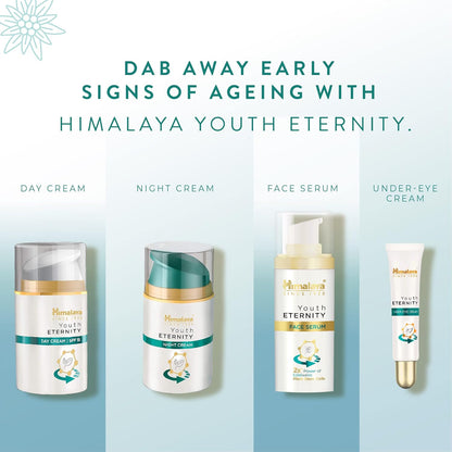 Himalaya Youth Eternity skincare products on a light blue background with text promoting anti-aging benefits.