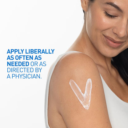 Woman applying sunscreen with a text overlay on a white background