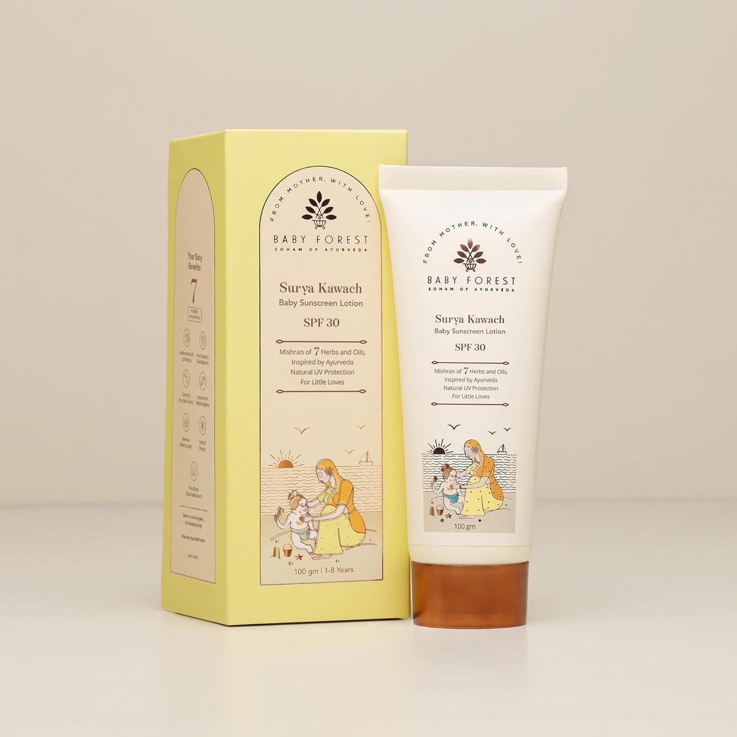 Baby Forest sunscreen lotion packaging on a beige background