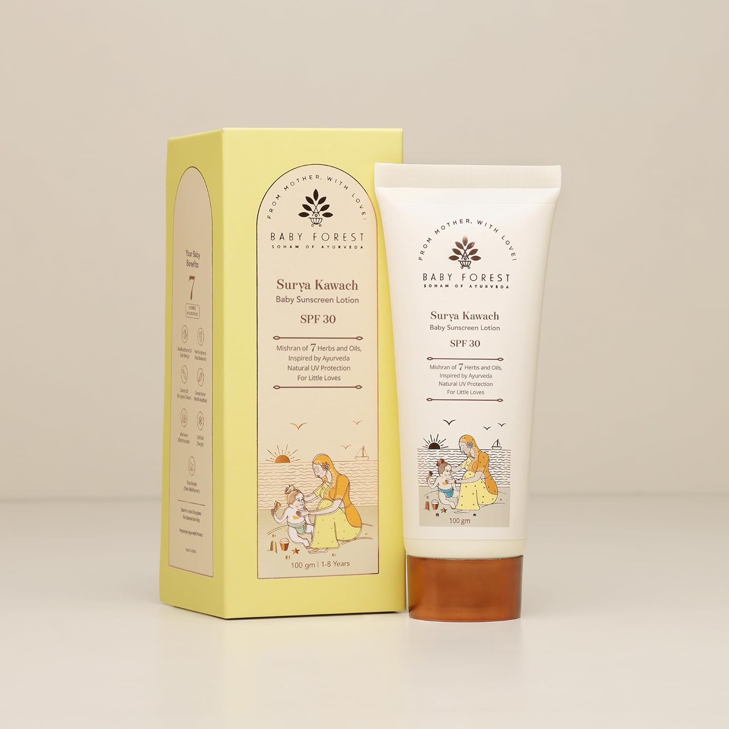Baby Forest sunscreen lotion packaging on a beige background