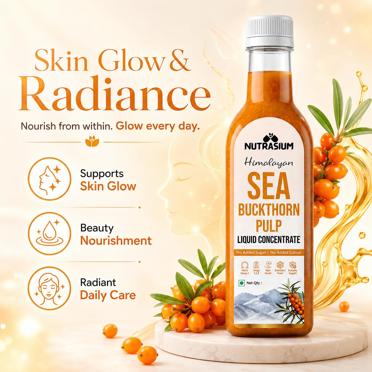 Nutrasium Himalayan Sea Buckthorn Berry Juice - 300 ml - Natural Source of Vitamin C, Omega 3 6 7 9, Antioxidants for Immunity, Skin Glow & Gut Health - 50 Glasses (300ml)