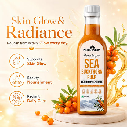 Nutrasium Himalayan Sea Buckthorn Berry Juice - 500 ml - Natural Source of Vitamin C, Omega 3 6 7 9, Antioxidants for Immunity, Skin Glow & Gut Health - 50 Glasses