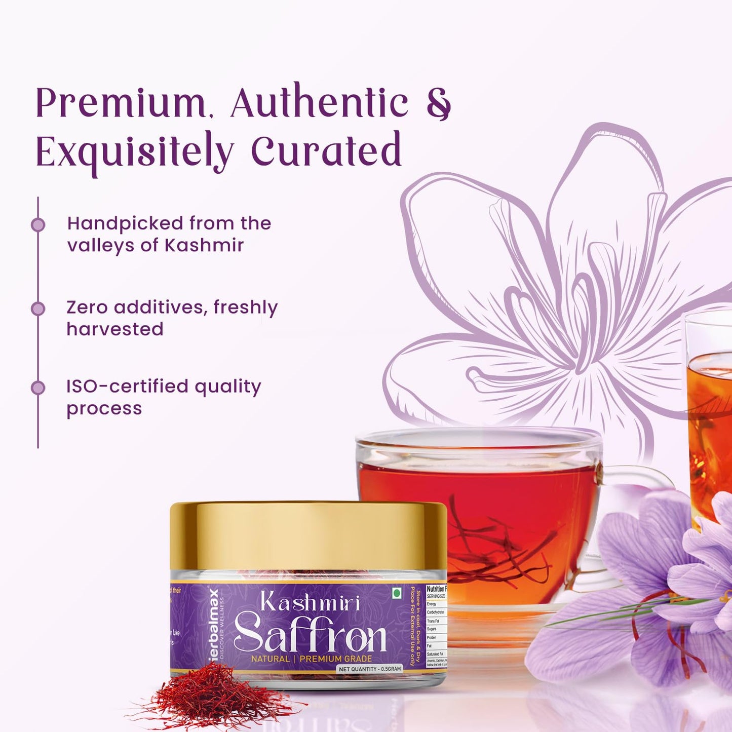 Kashmiri Saffron jar with saffron strands and a cup of tea on a white background