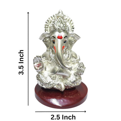 Handcrafted Poly Resin Ganesha Statue with Base - Perfect for Car Dashboard, Office Desk, Shelves, and Home Decor - Ideal Housewarming Gift! (MUKUTSILVEREMERYMDF)