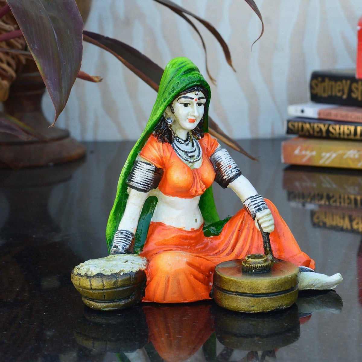 Rajasthani Lady Using Flour Machine Polyresin Statue (15 cm x 12.5 cm x 12.5 cm, Orange and Red)