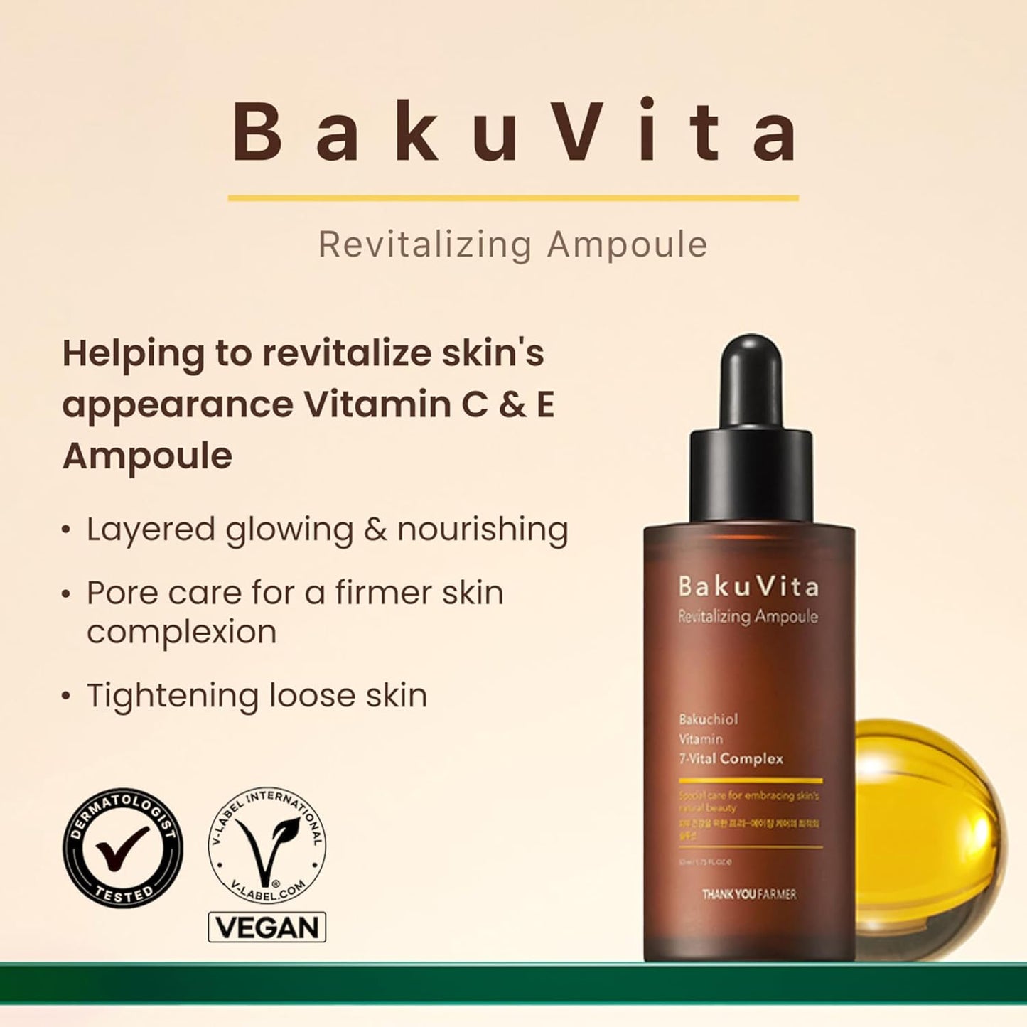 THANKYOU FARMER BakuVita Revitalizing Ampoule (50 ml) Face Serum with Bakuchiol Retinol Alternative with Vitamin C + E | Korean Serum for Hydration, Firming, Pore Care & Radiant Glow, Vegan