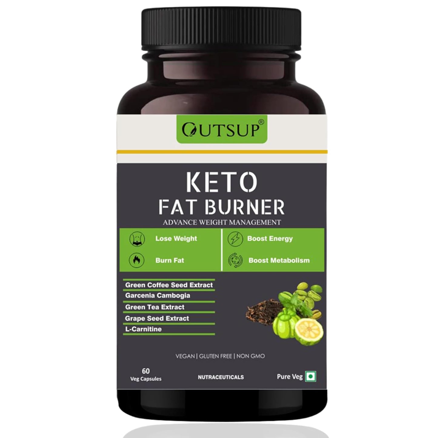 Outsup Keto Fat Burner for Weight Loss Products Supplement for Women and Men with L-Carnitine, Garcinia Cambogia & Green Coffee Extract | Weight Management | 60 Veg Capsules