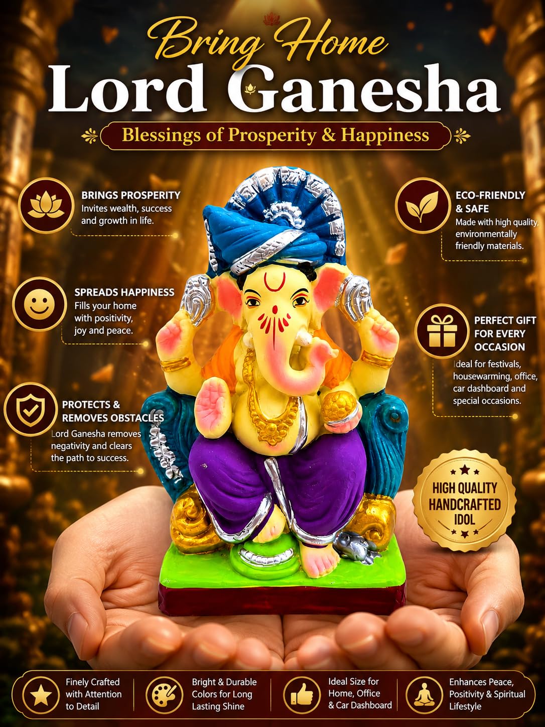 DORAYA EARTH CREATION Clay Ganpati Murti Handmade Eco-Friendly Multicolour Ganesh Idol for Home Temple, Ghar Pooja, Ganesh Chaturthi Decoration, Office Desk & Festive Gift | 6.5 Inch (6 INCH)