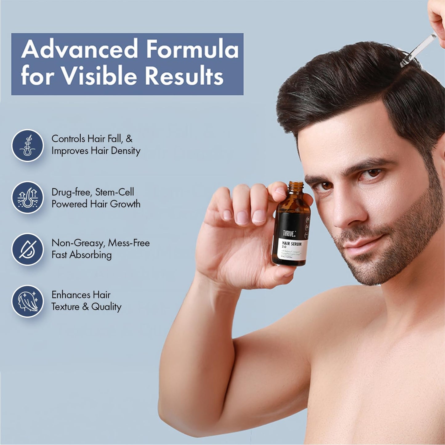Man holding a bottle of hair growth product with text on an advanced formula for visible results.