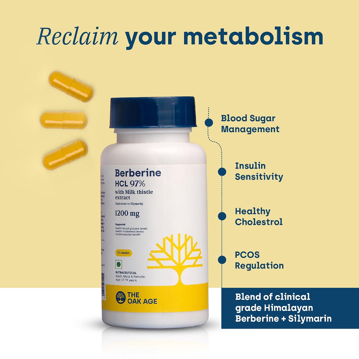 The Oak Age Berberine HCl 97% with Milk Thistle Supplement, 1200 mg| 60 Capsules