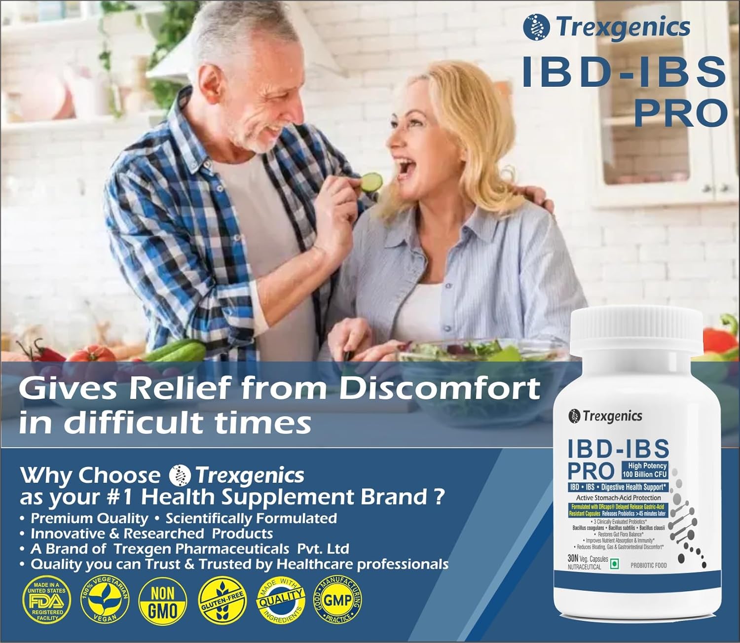 Advertisement for Trexegenics IBD-IBS PRO supplement showing a couple eating salad.