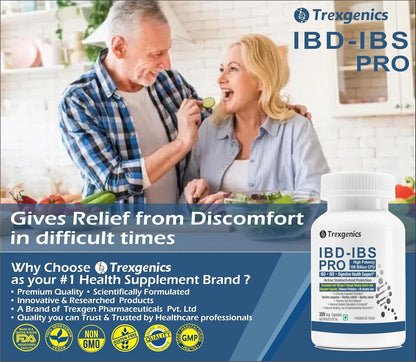 Advertisement for Trexegenics IBD-IBS PRO supplement showing a couple eating salad.