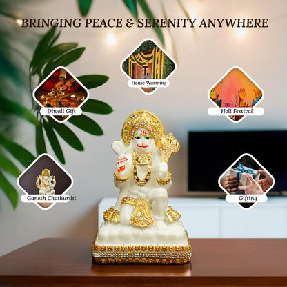 Marble Dust Hanuman Ji Murti for Home Puja (5 inch) | Jewellery Embellished Lord Hanuman Idol for Home Decor | Resin Bajrangbali Murti for Puja Room | Bahubali Hanuman Idol with Gada for Gift