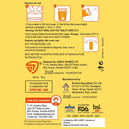 Back label of a product with usage instructions, branding, and certification logos on a yellow background.