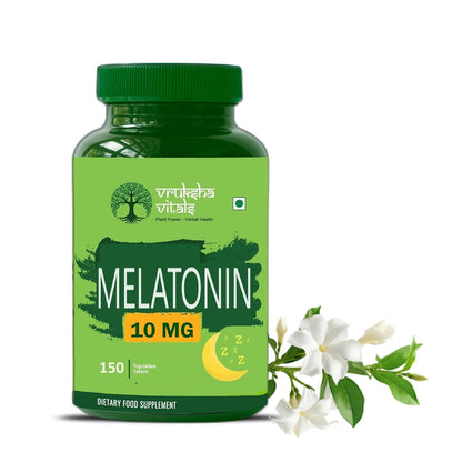 Green bottle of Melatonin 10 mg supplement with white flowers on a white background
