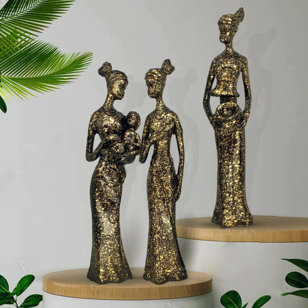 Beautiful Finish Uniquely Hand Crafted Home Decor African Tribal Women Art Piece - (Set of 3, Black and Golden Color)