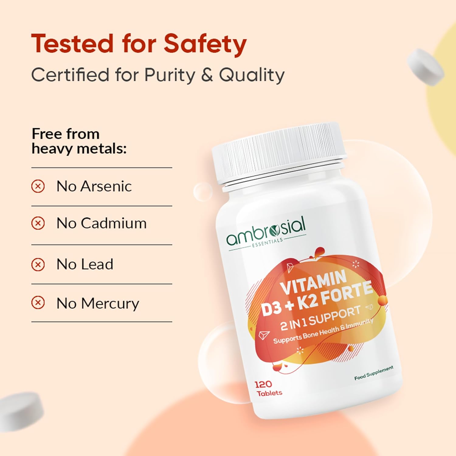 Ambrosial Vitamin D3 + K2 Forte supplement bottle with safety certification details on a peach background