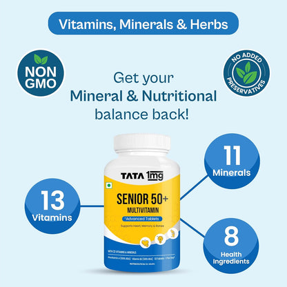 Tata 1mg Senior 50+ Multivitamin & Multimineral Veg Tablet with Calcium for Bone, Skin, Eye, Immunity, Heart & Joints, For Men & Women, Non-GMO & No Added Preservatives (Pack Of 60)