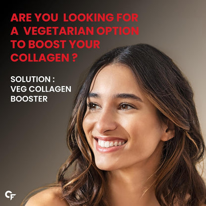 Woman with text promoting a vegetarian collagen booster