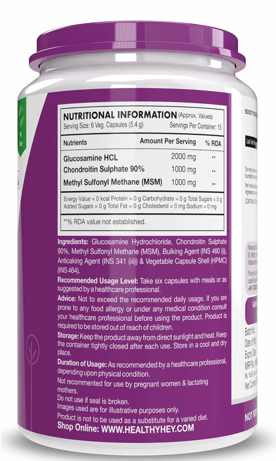Zephivo HealthyHey Nutrition Glucosamine Chondroitin and MSM for Cartilage; Joint and Bone, 90 Capsules
