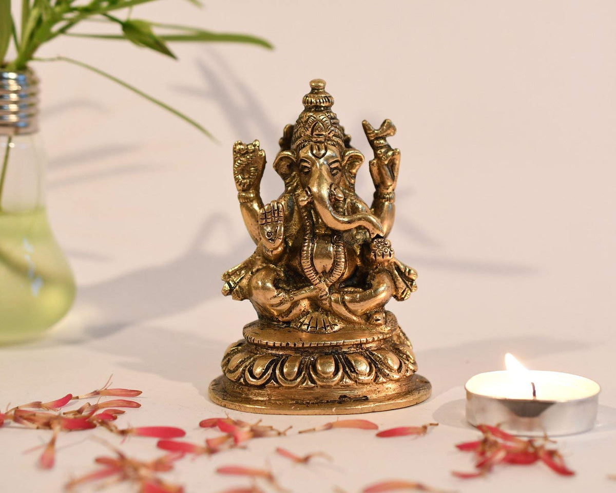 Brass Lord Ganesh Idol (Golden, 4 X 2.4 X 2.2 Inches) Model Number: GBS189