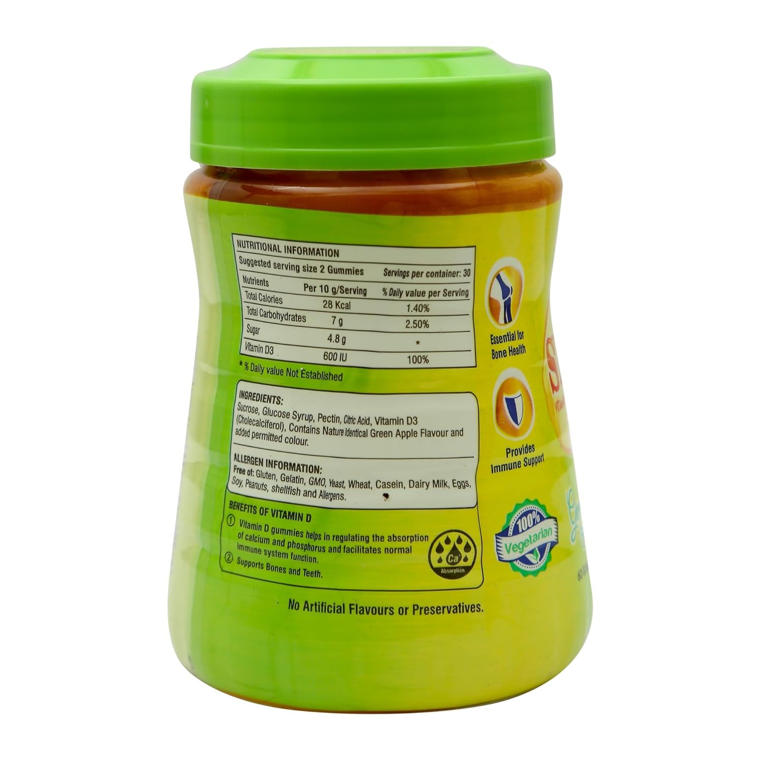 Green and yellow container with nutritional information and ingredients listed on a white background