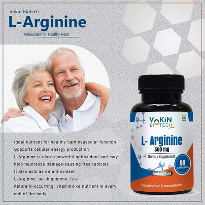 Vokin Biotech L-Arginine supplement bottle with an elderly couple on a gray background