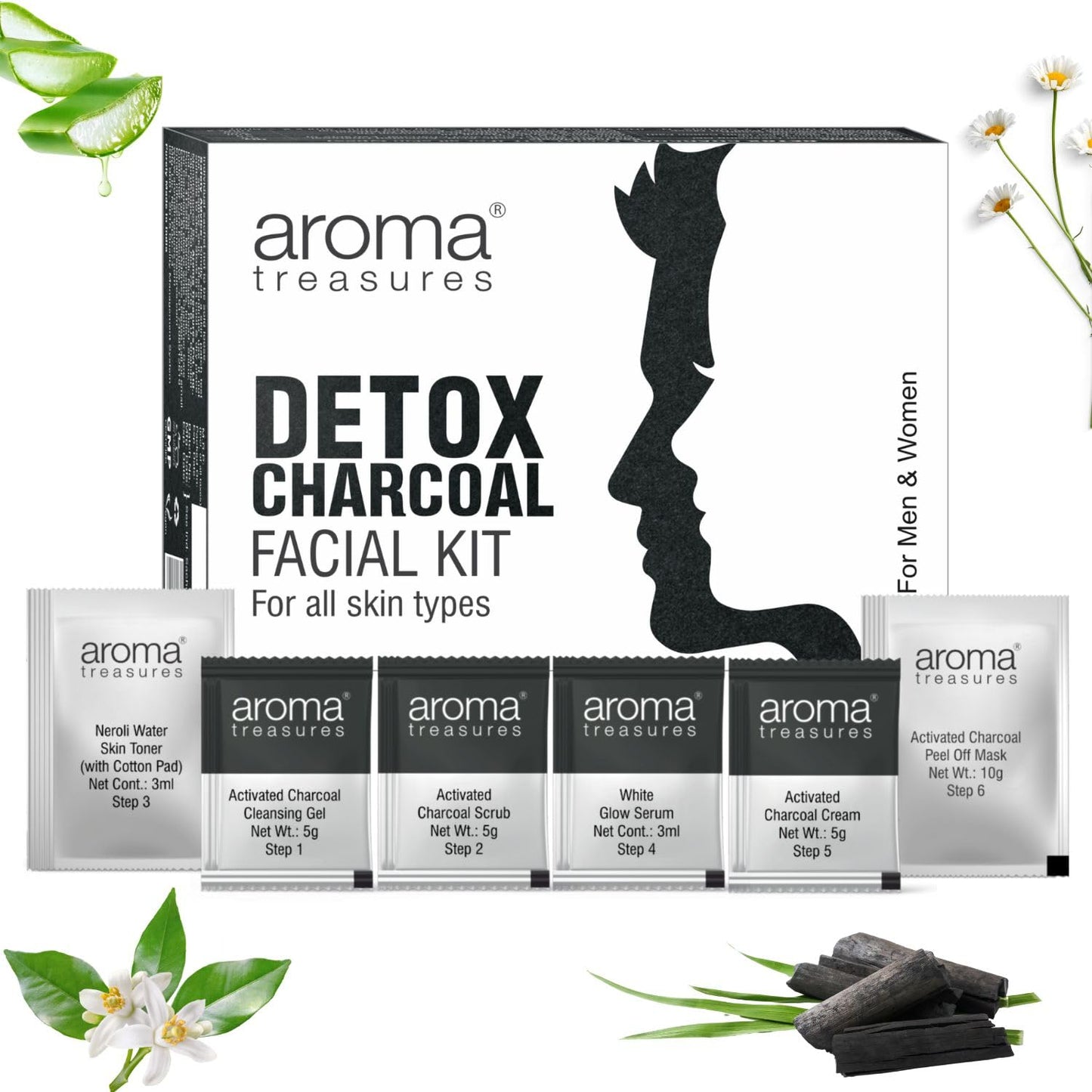 Aroma Treasures Detox Charcoal Facial Kit | Deep Pore Purifying 6-Step Home Facial | Removes Impurities, Excess Oil & Tan | Brightening, Clarifying & Instant Glow Facial for All Skin Types – 43g/ml