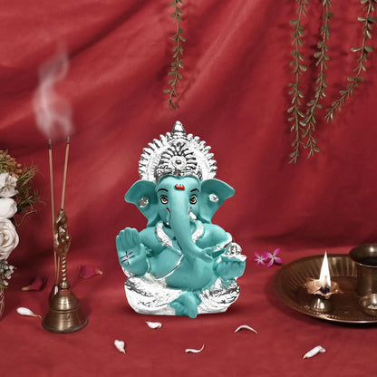 999 Silver Plated Ganesha Idol for Home Decor Puja |Ganesh Idol for Home Decor Ganpati for Gift 3.5 inches |Ganesh Statue Gift for Office Desk Puja Room Figurine (8.89 x 5.08 cm) (Blue)