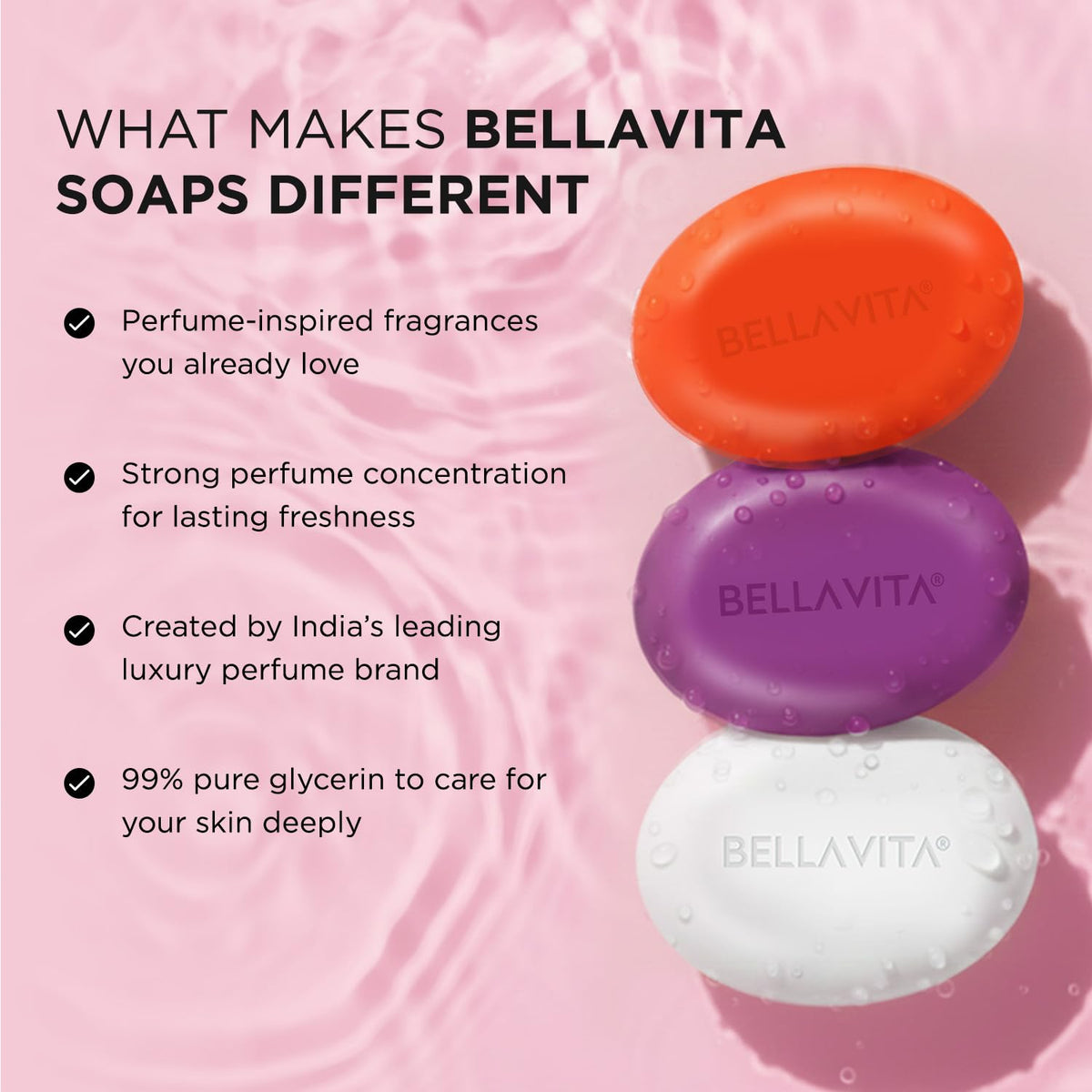 Three Bellavita soaps in orange, purple, and white on a pink background with text highlighting features.