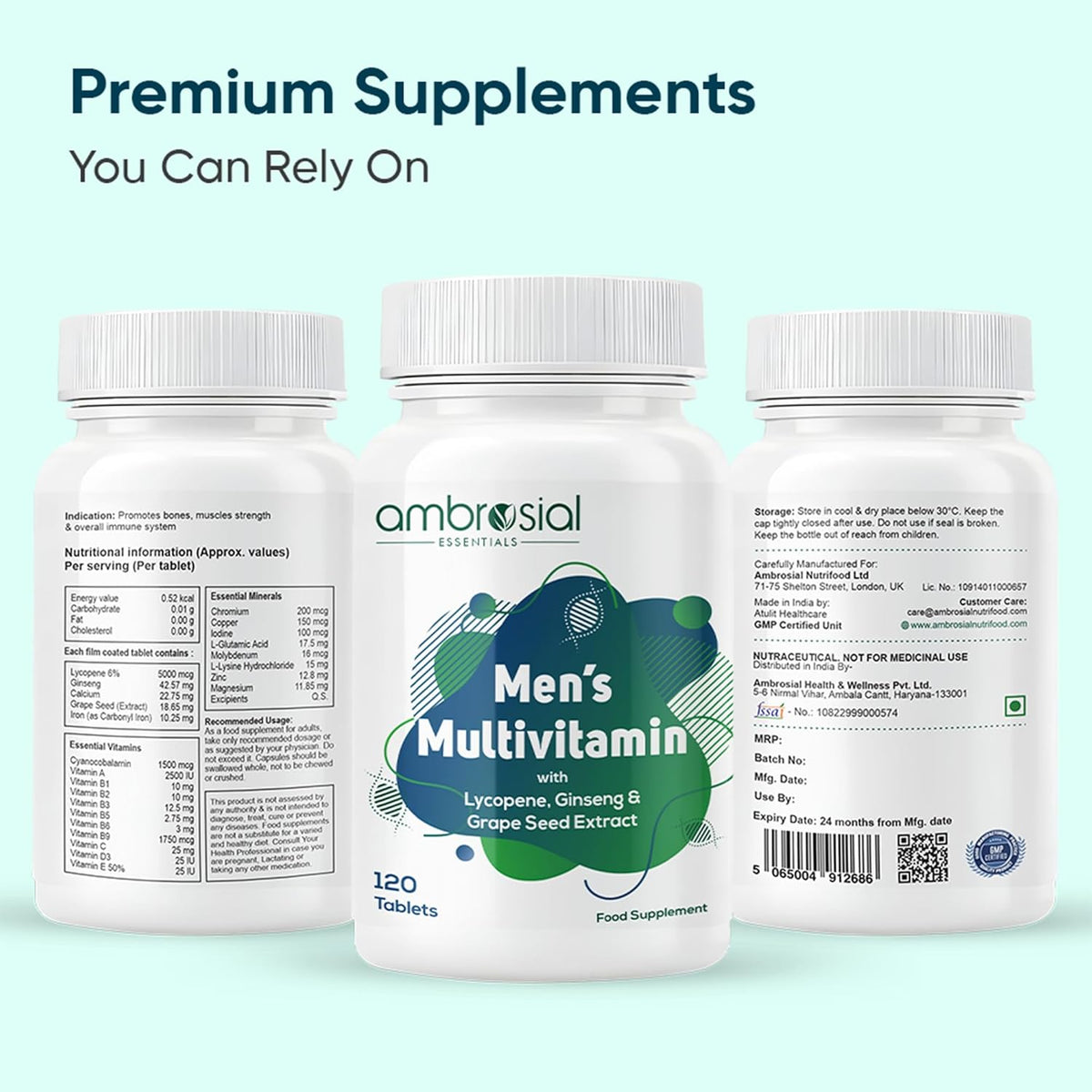 Three bottles of Ambrosial Men's Multivitamin on a light blue background