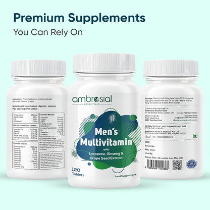 Three bottles of Ambrosial Men's Multivitamin on a light blue background
