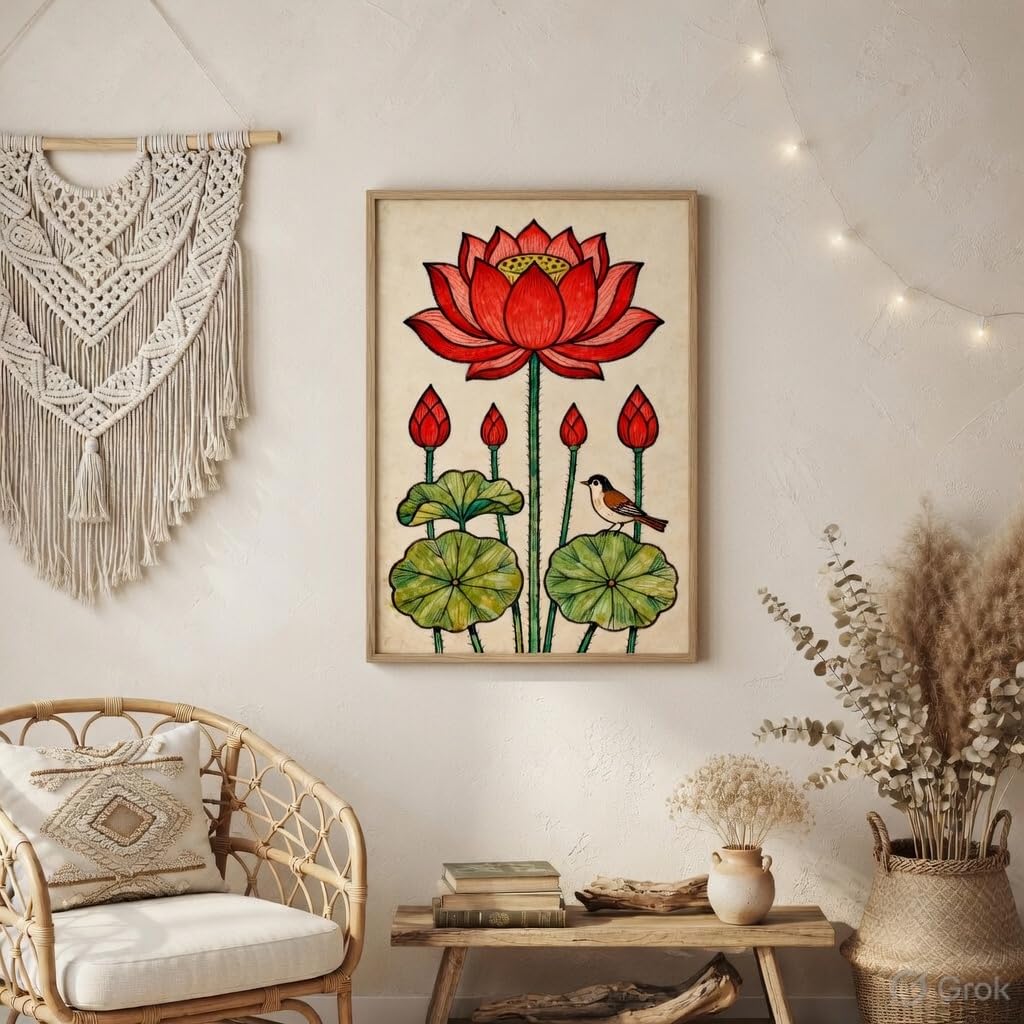 Traditional Lotus Flower Wall Painting with Wooden Frame | Botanical Lotus Artwork HD UV Laminated MDF Wall Decor | Indian Lotus Art Wall Decor for Living Room Bedroom Home 13.5 Inch x 19.5 Inch