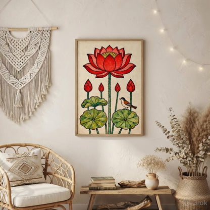 Traditional Lotus Flower Wall Painting with Wooden Frame | Botanical Lotus Artwork HD UV Laminated MDF Wall Decor | Indian Lotus Art Wall Decor for Living Room Bedroom Home 13.5 Inch x 19.5 Inch