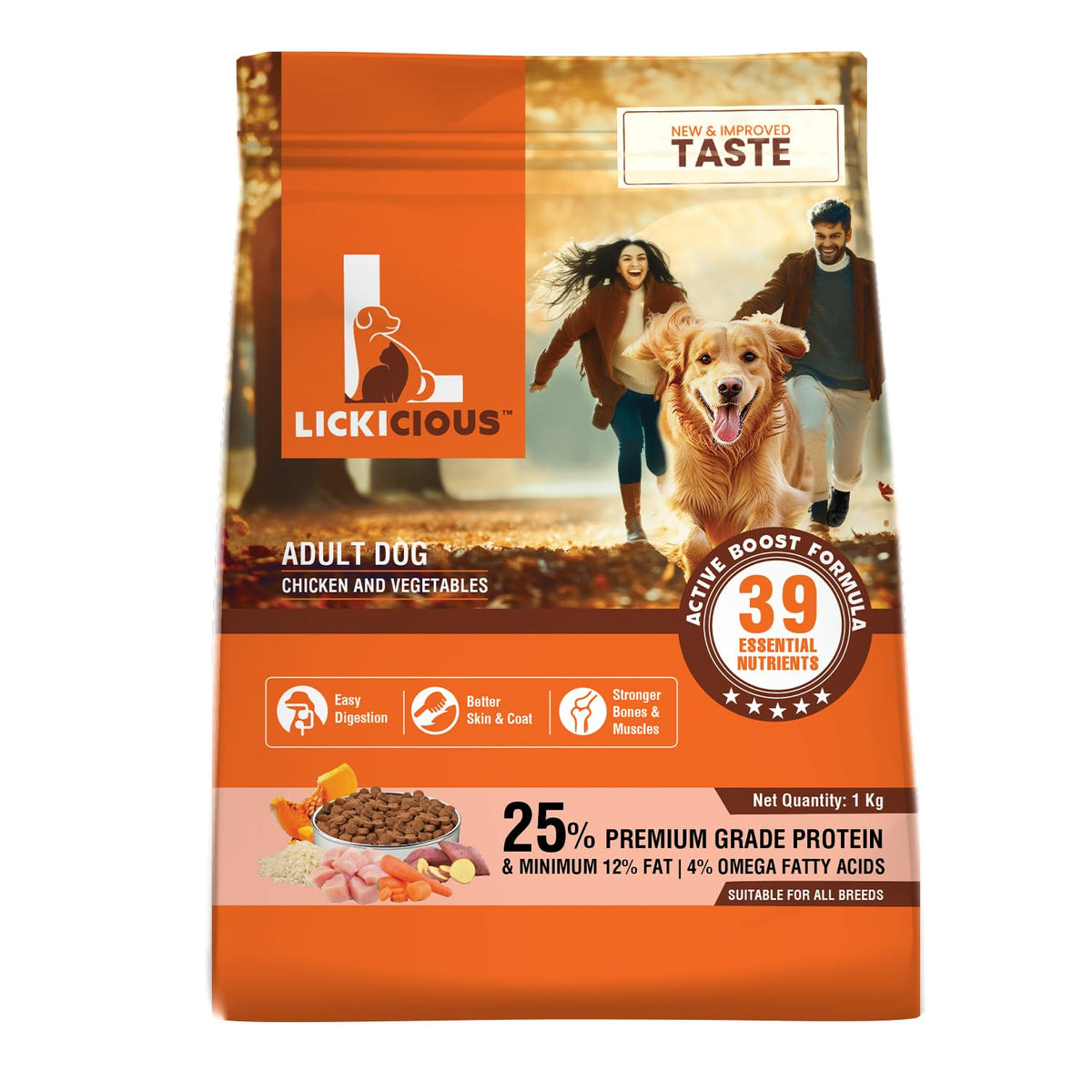 LICKICIOUS Dry Dog Food Adult 1kg | High Protein Chicken, Rice, Vegetables | 39 Essential Nutrients | Healthy Skin Shiny Coat, Strong Bones & Muscles| Complete Balanced Pure Pet Food for Pedigree Dogs