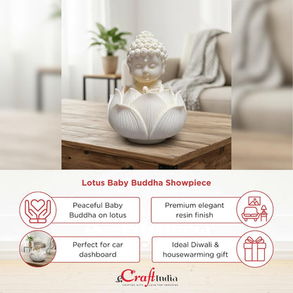 eCraftIndia White Lotus Baby Buddha Statue Showpiece for Home Decor | Living Room, Bedroom, Office & Car Dashboard