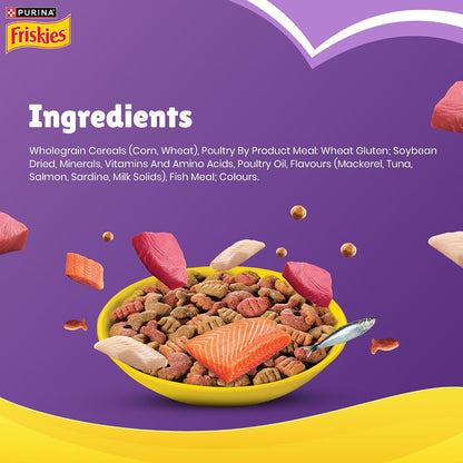 Purina Friskies Surfin' Favourites, Dry Food for Adult Cats, 1kg Pack | With Mackerel, Tuna, Salmon & Sardine Flavours, Complete Nutrition, Omega 3 & 6, Taurine, Calcium