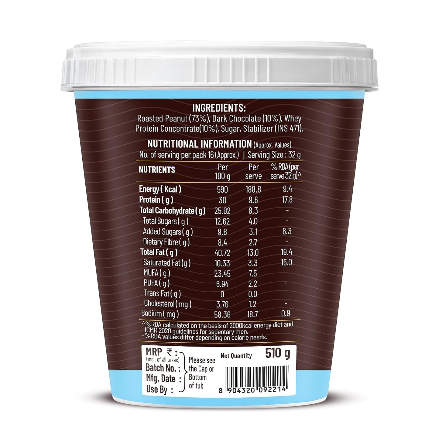 DiSano High Protein Dark Chocolate Peanut Butter with Whey Protein, Crunchy | 30g Protein. Gluten Free, Post & Pre Workout snack