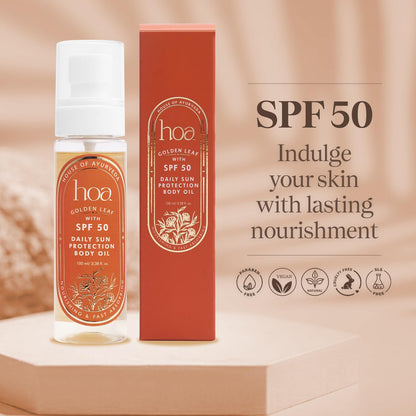 Body Oil with SPF 50 - Sun Protection Body Oil for Daily Use | House of Ayurveda Golden Leaf Lightweight UV Protection Oil | Fast-Absorbing, Non-Sticky | All Skin Types | Paraben-Free, Cruelty-Free | 100ml
