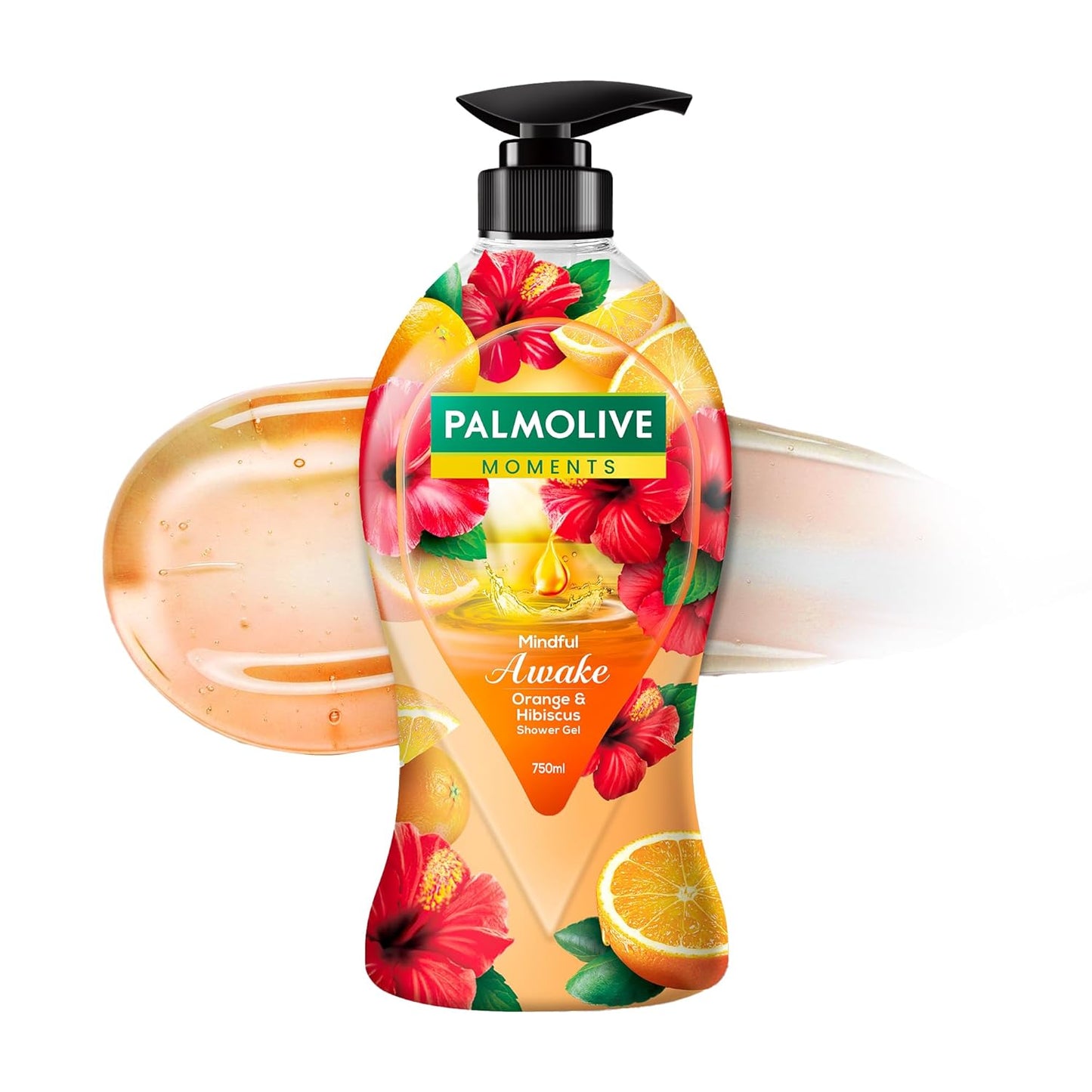 Palmolive Mindful Awake Body Wash, 750ml Shower Gel Single Pump Bottle, 100% Natural Orange & Hibiscus Extracts, pH Balanced Bodywash, Free of Parabens & Silicones